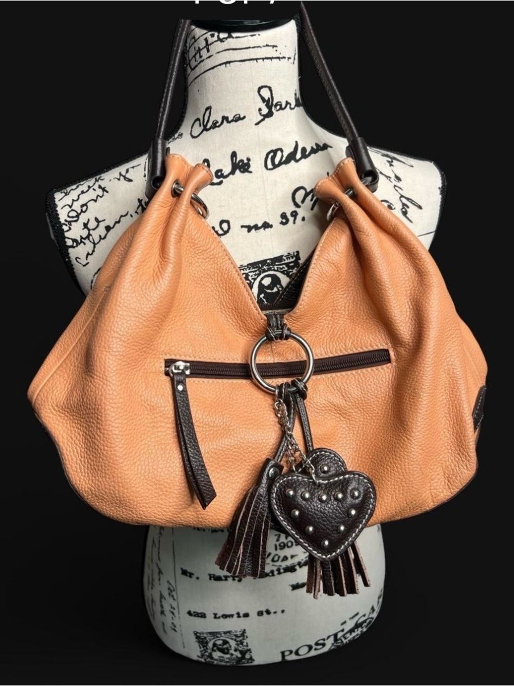 Vera Pelle Italy Genuine Leather Hobo Bag Tan Orange with Studded Heart Tassel